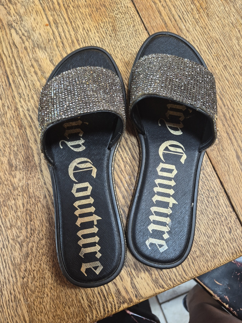 Juicy Couture Black Slides with Bronze Sparkle Strap